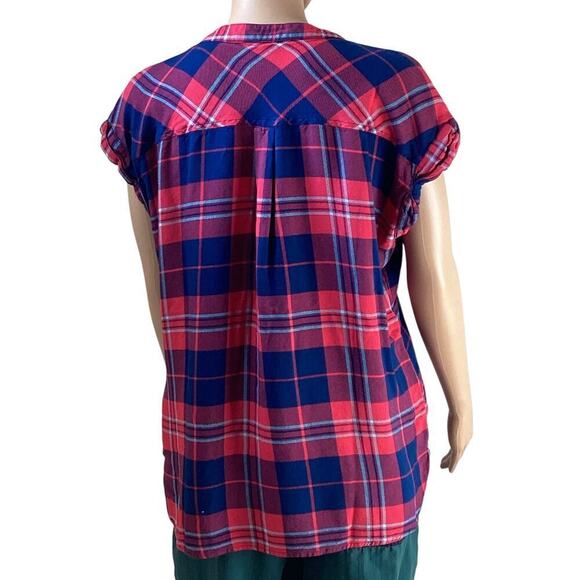 Gap Soft plaid popover short-sleeved V-neck cuffed sleeves L - Picture 3 of 4